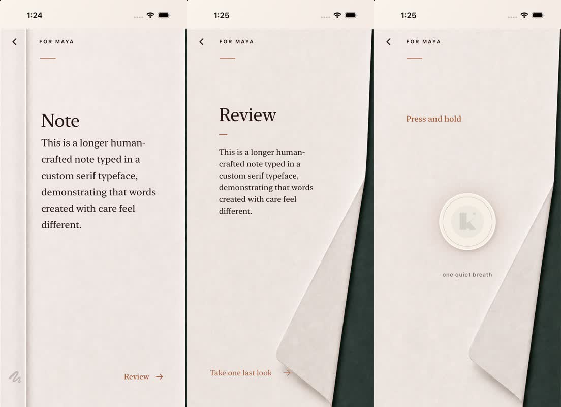 Klosr note, review, and one-quiet-breath hold-to-send screens.